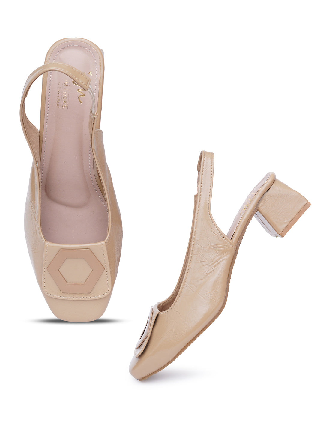JM LOOKS Square Toe Slingback Block Heel Sandals with Geometric Buckle