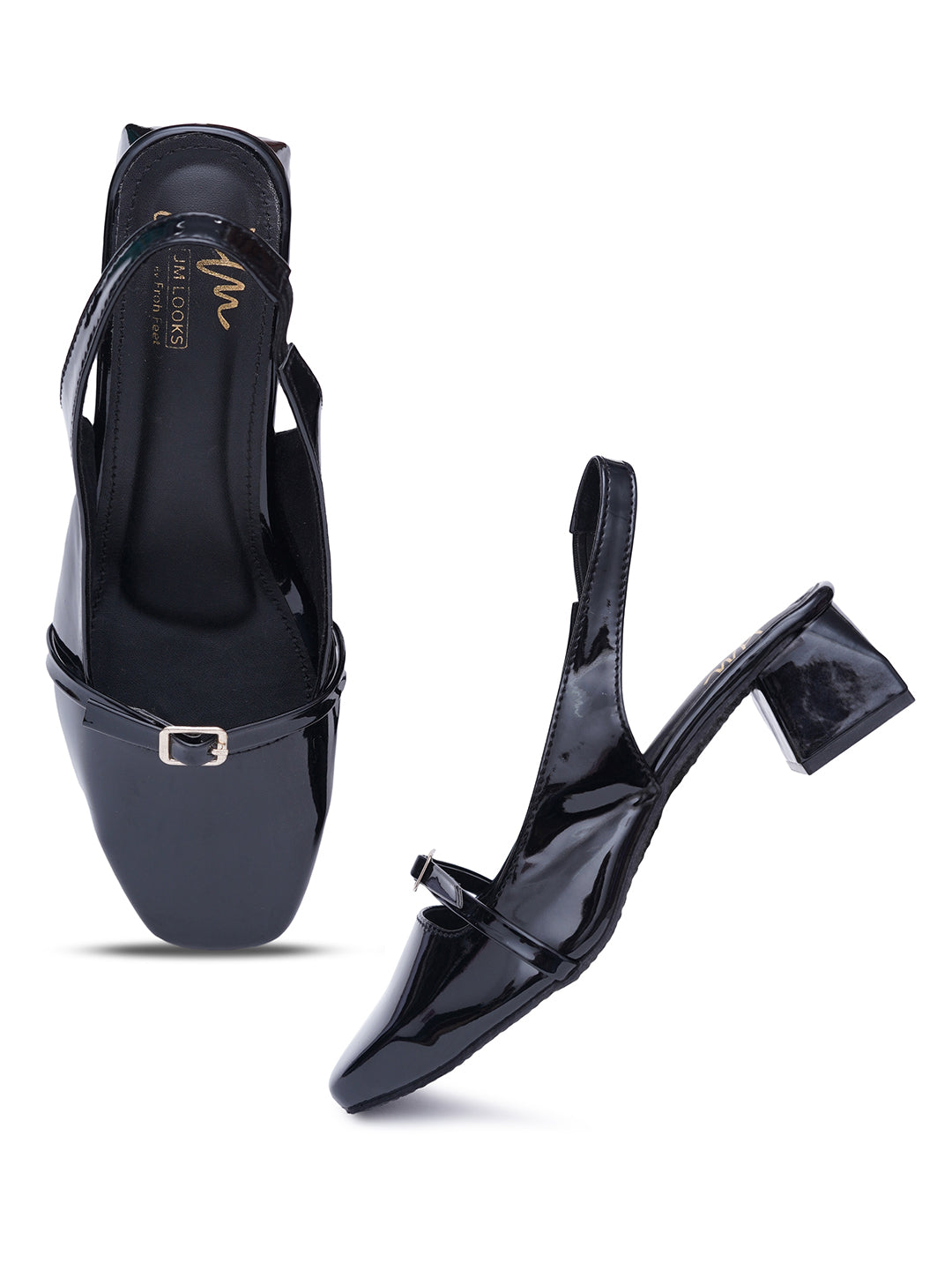 JM LOOKS Square Toe Slingback Block Heel Sandals with Buckle Accent