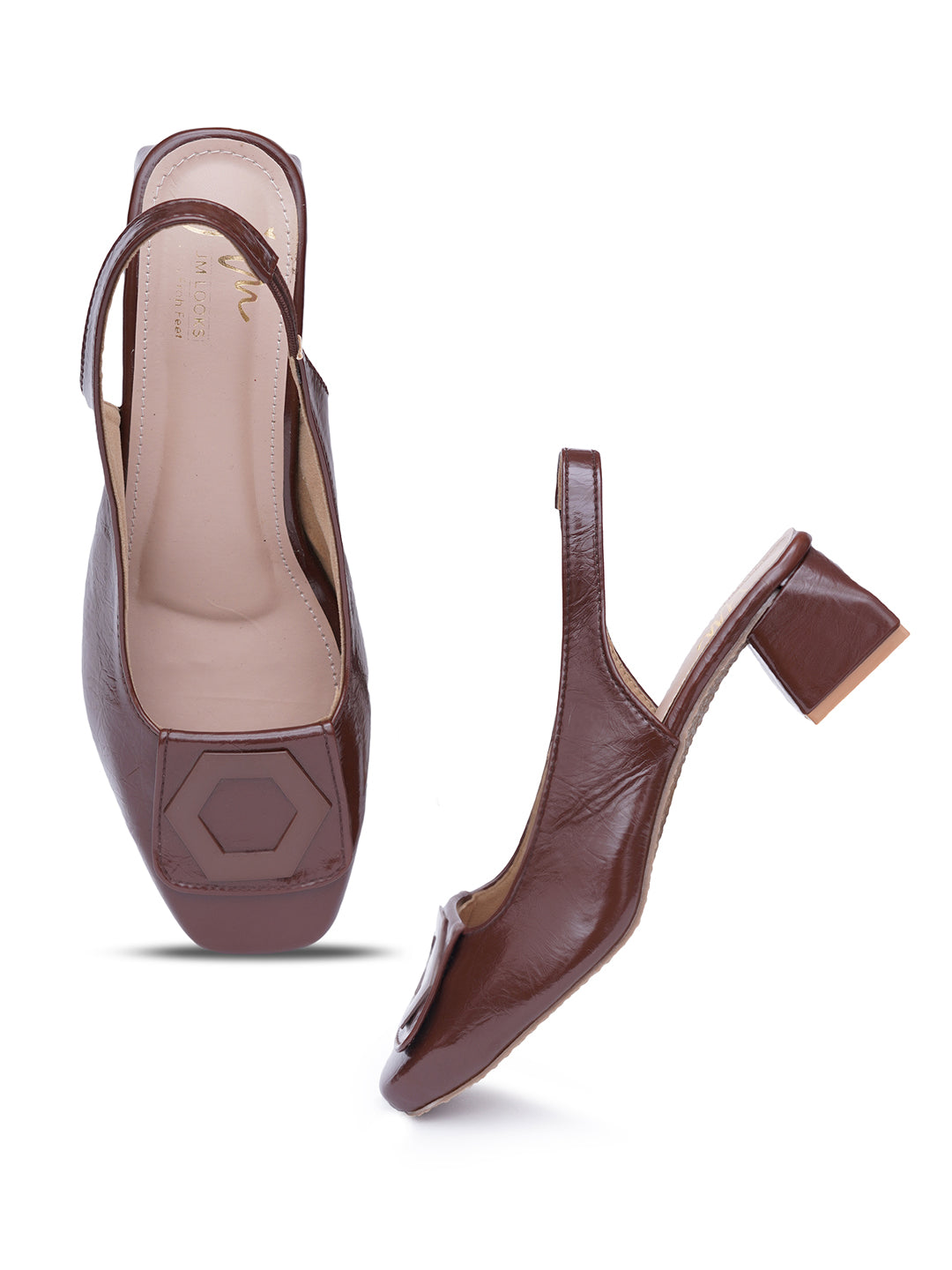 JM LOOKS Square Toe Slingback Block Heel Sandals with Geometric Buckle