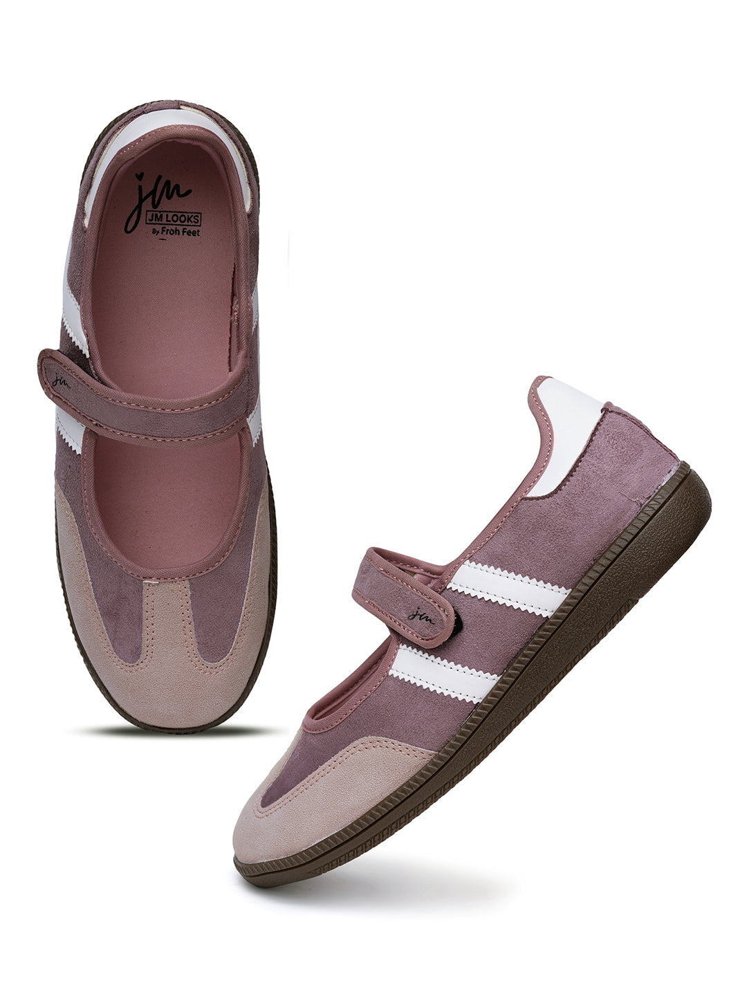 Velcro ballet sneakers for women in peach suede with white side stripes and a padded footbed.