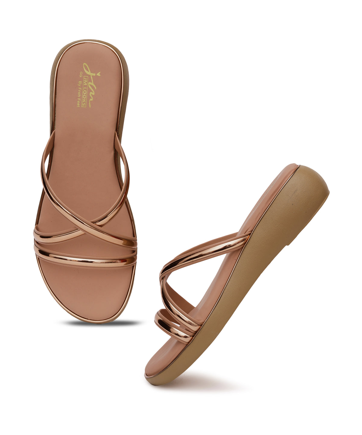 JM LOOKS Metallic Multi-Strap Wedge Slide Sandals