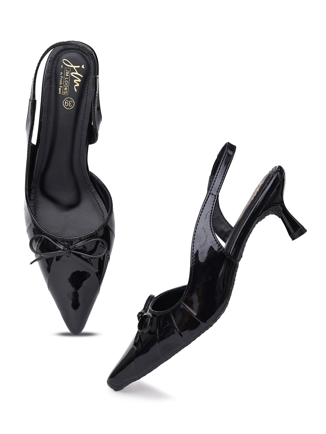 JM LOOKS Pointed Toe Slingback Kitten Heels with Bow Accent