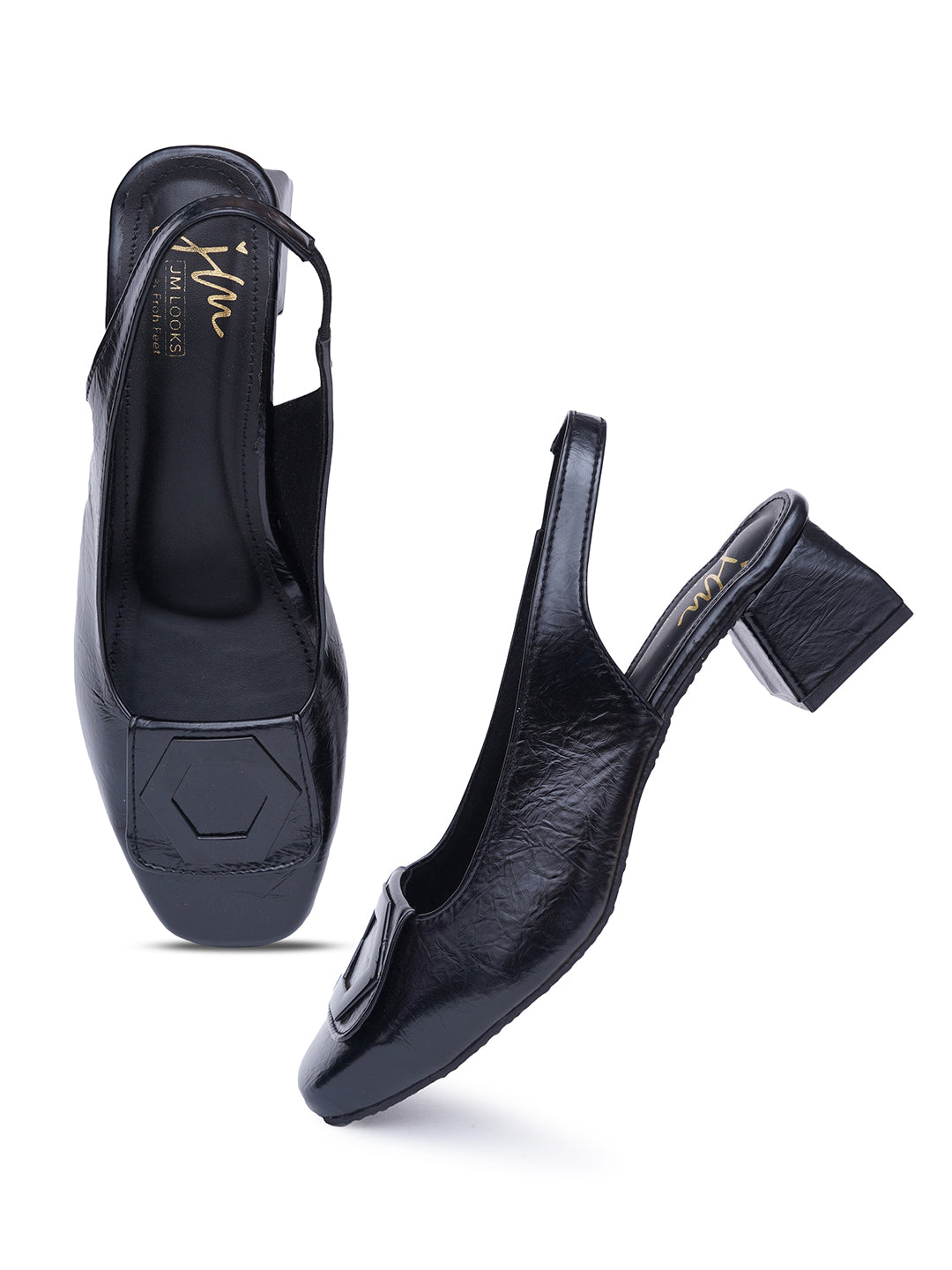 JM LOOKS Square Toe Slingback Block Heel Sandals with Geometric Buckle