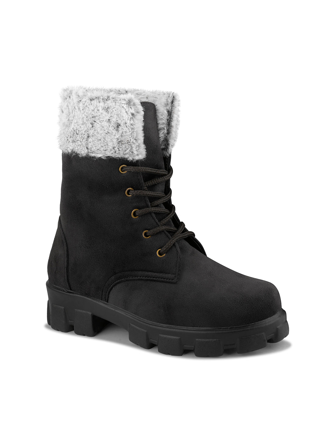 Women Furry Collar Lace-Up Winter Boots