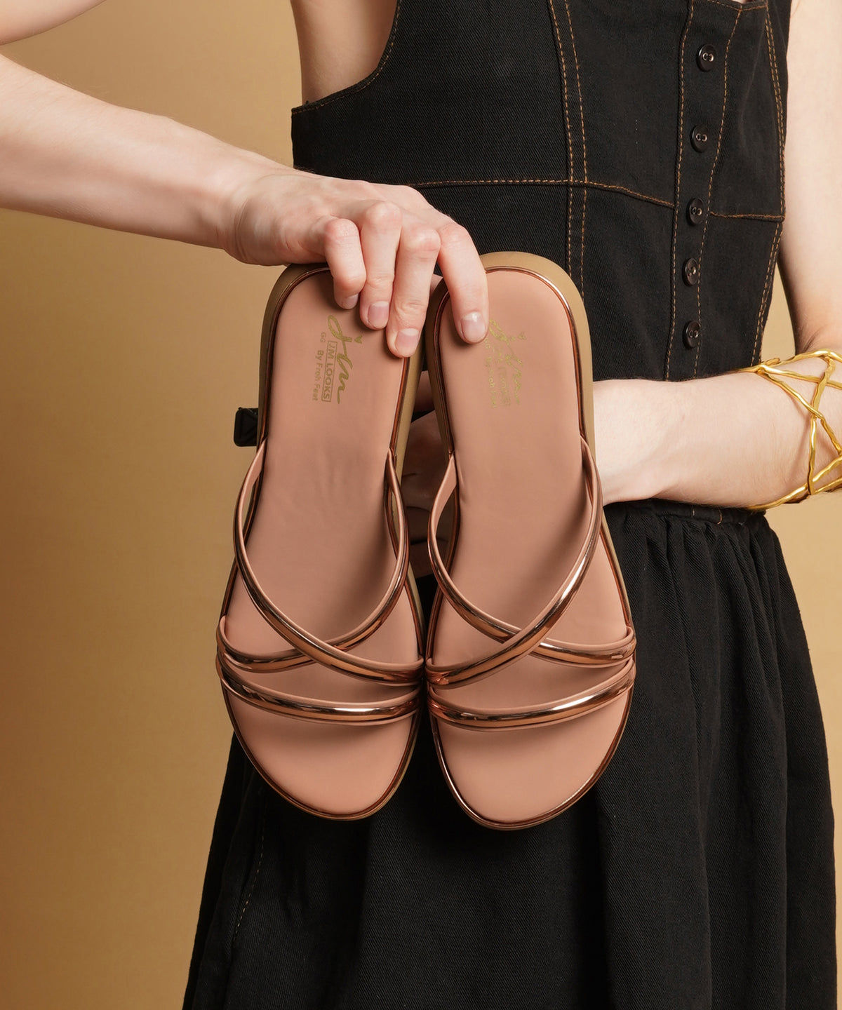 JM LOOKS Metallic Multi-Strap Wedge Slide Sandals