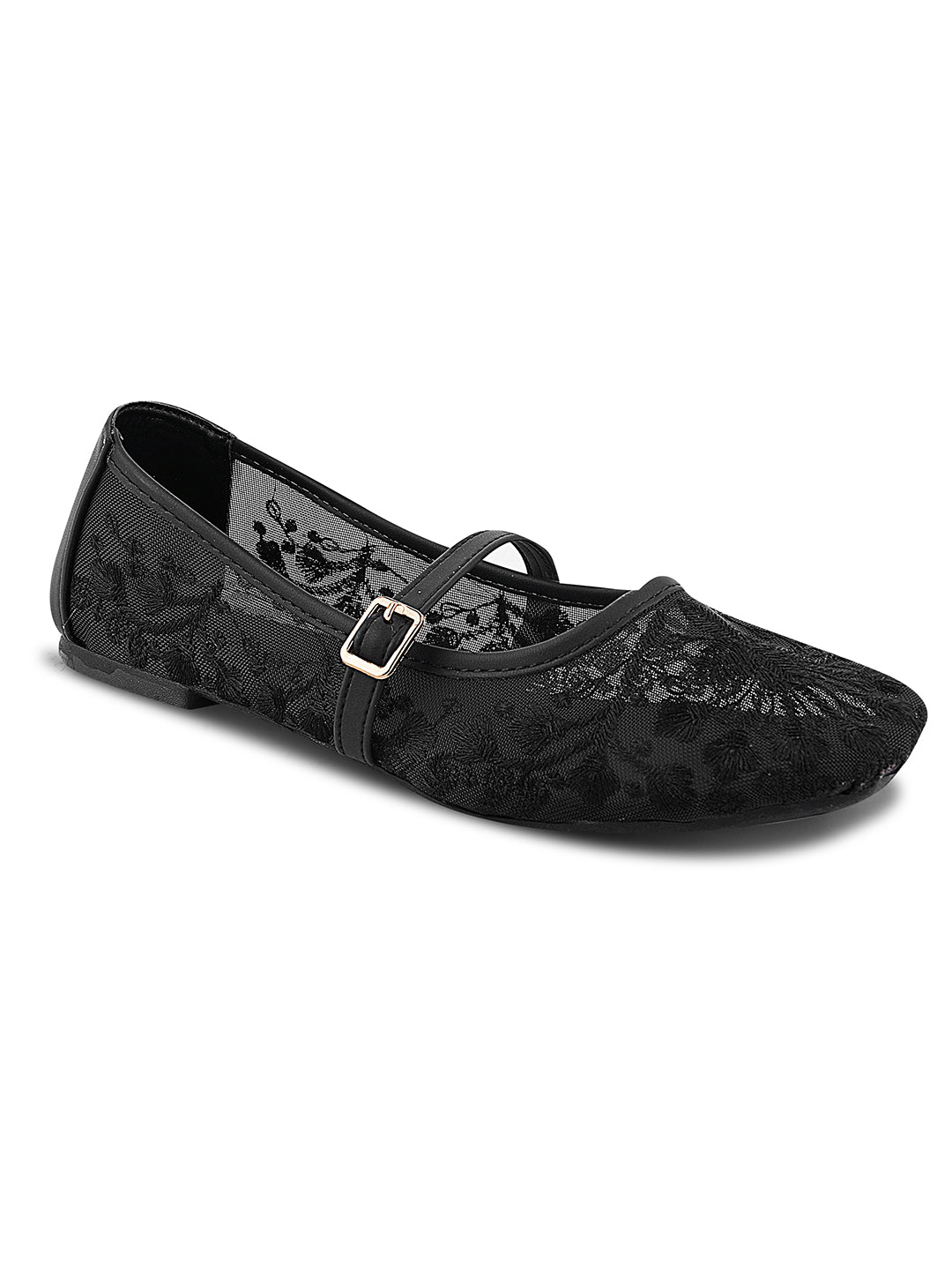 JM LOOKS Floral Embroidered Sheer Flat Sandals with Buckle Strap