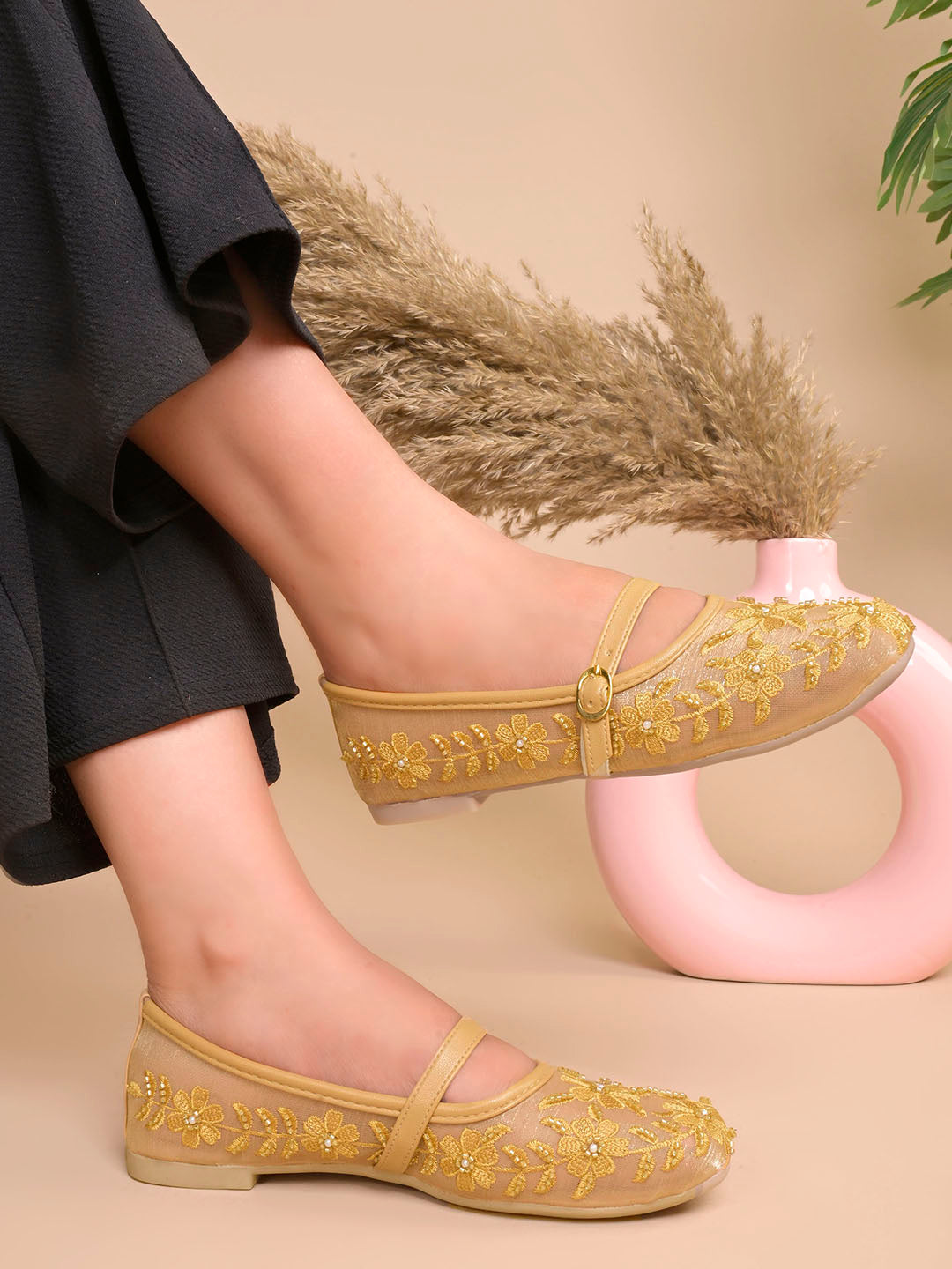 Floral Embroidered Sheer Mesh Mary Jane Flat Juttis
