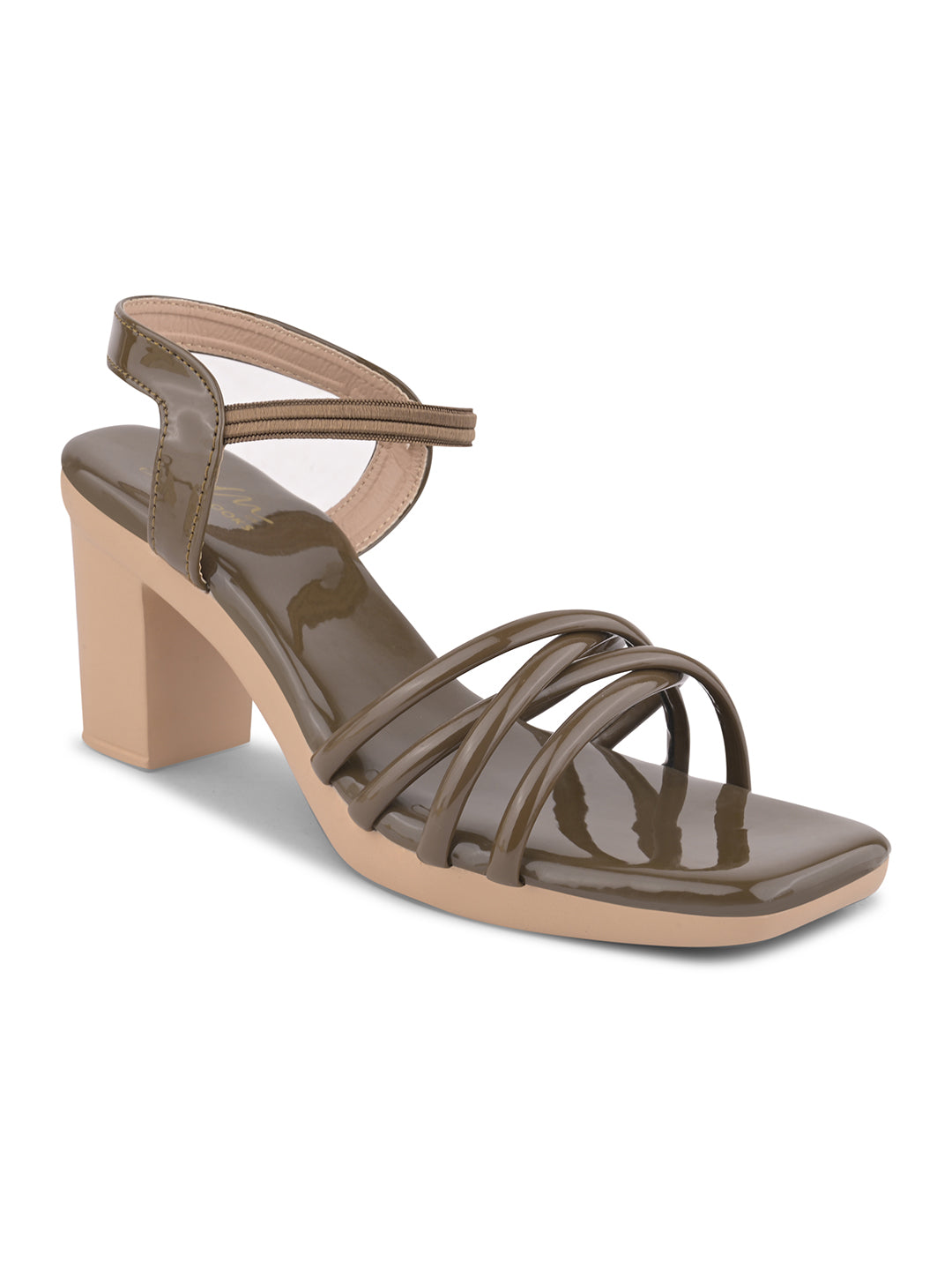 Glossy Finish Strap Block Heel Sandals