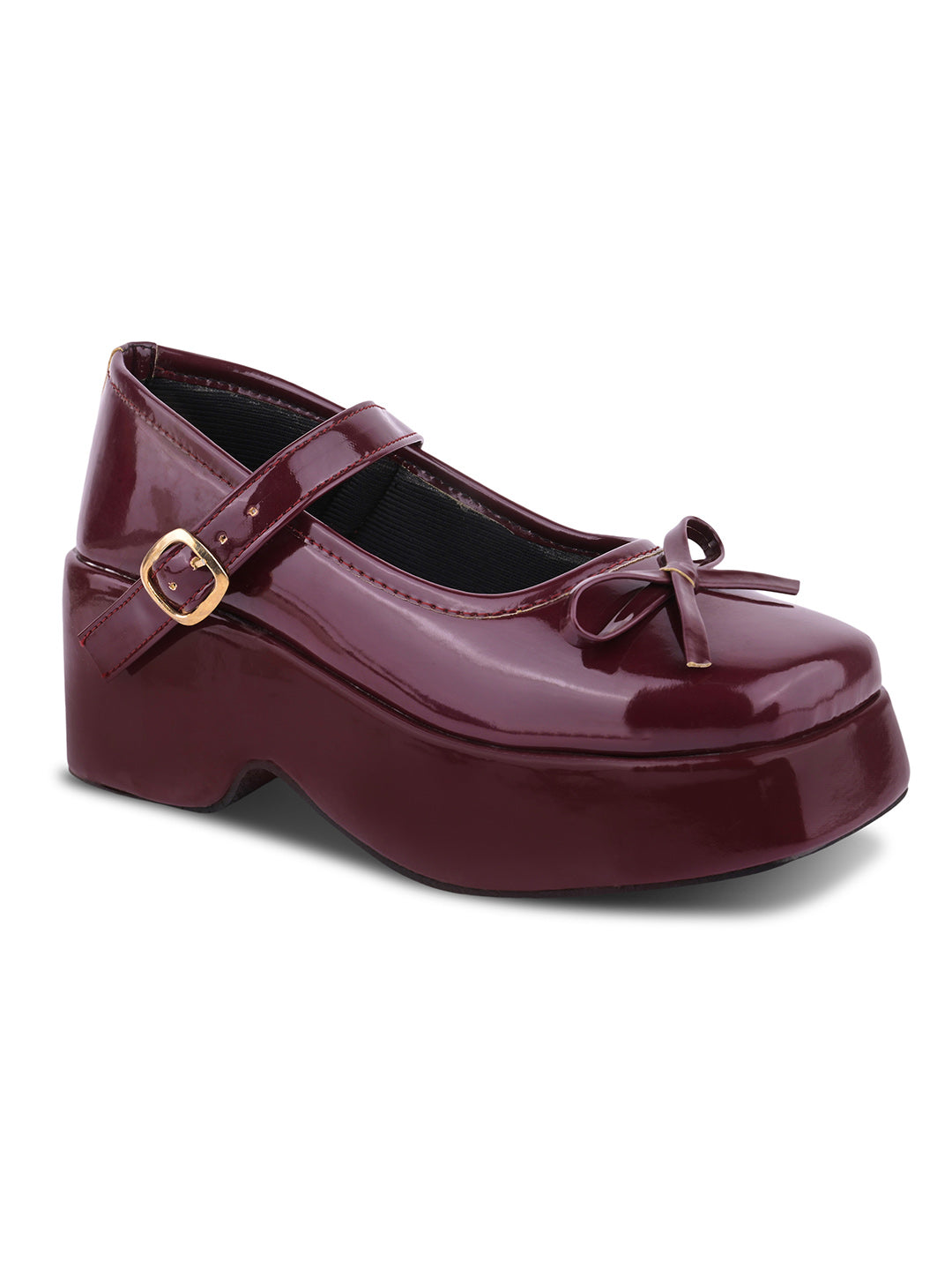 JM LOOKS Glossy Cherry Chunky Platform Mary Jane Shoes with Bow