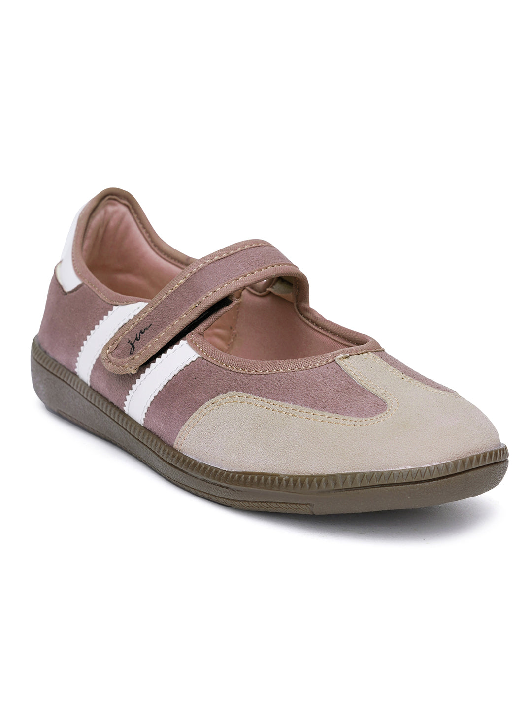 Velcro ballet sneakers for women in peach suede with white side stripes and a padded footbed.