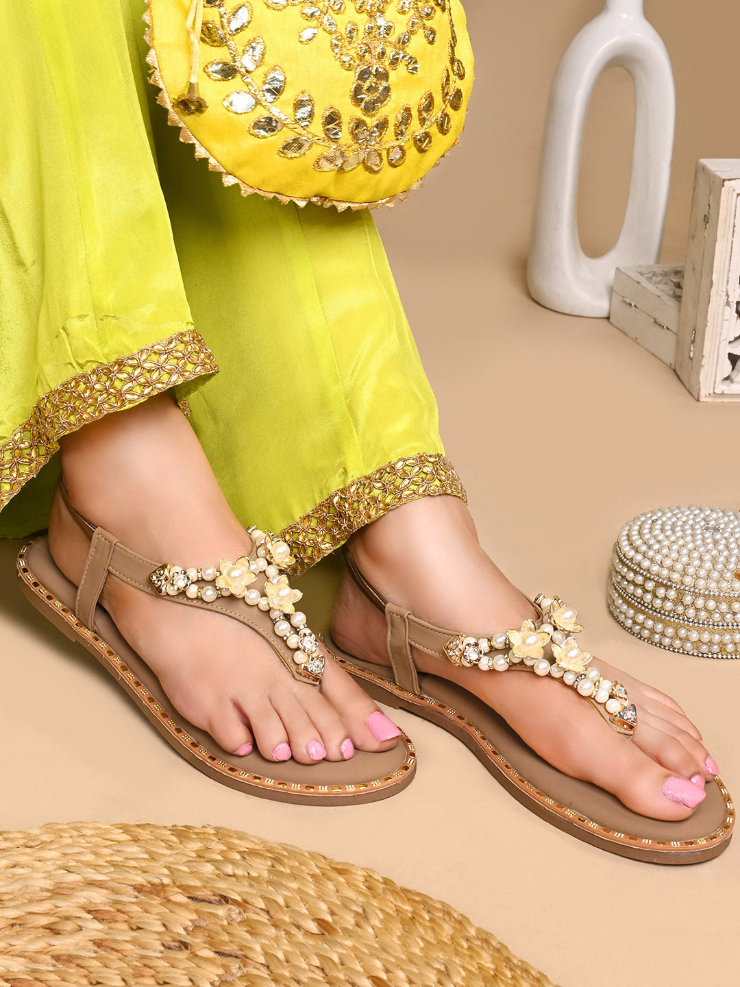 JM LOOKS Pearl Floral Studded T-Strap Flat Sandals with Back Strap