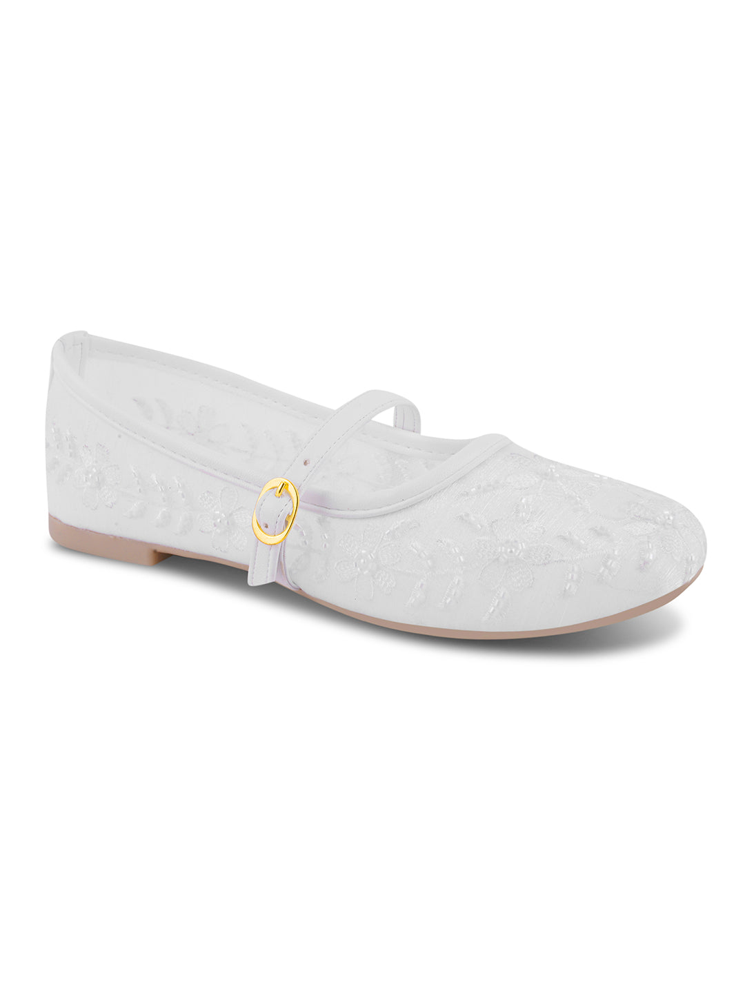 Floral Embroidered Sheer Mesh Mary Jane Flat Juttis