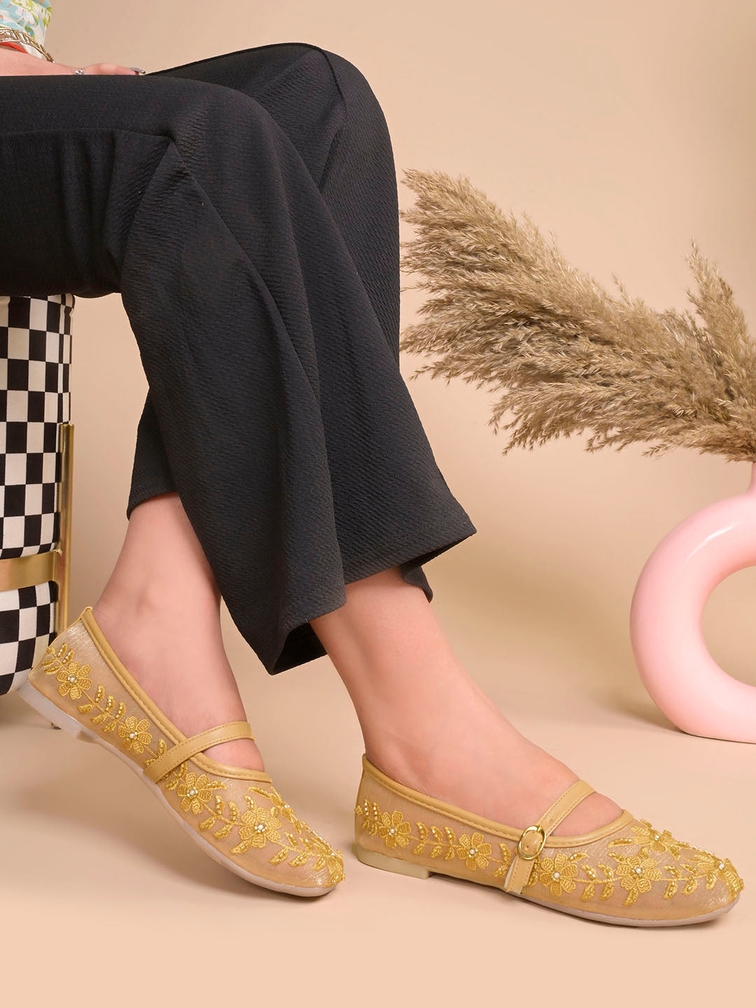 Floral Embroidered Sheer Mesh Mary Jane Flat Juttis