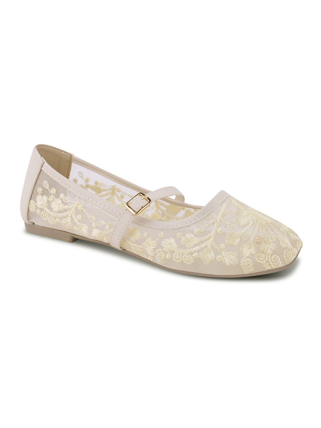 JM LOOKS Floral Embroidered Sheer Flat Sandals with Buckle Strap