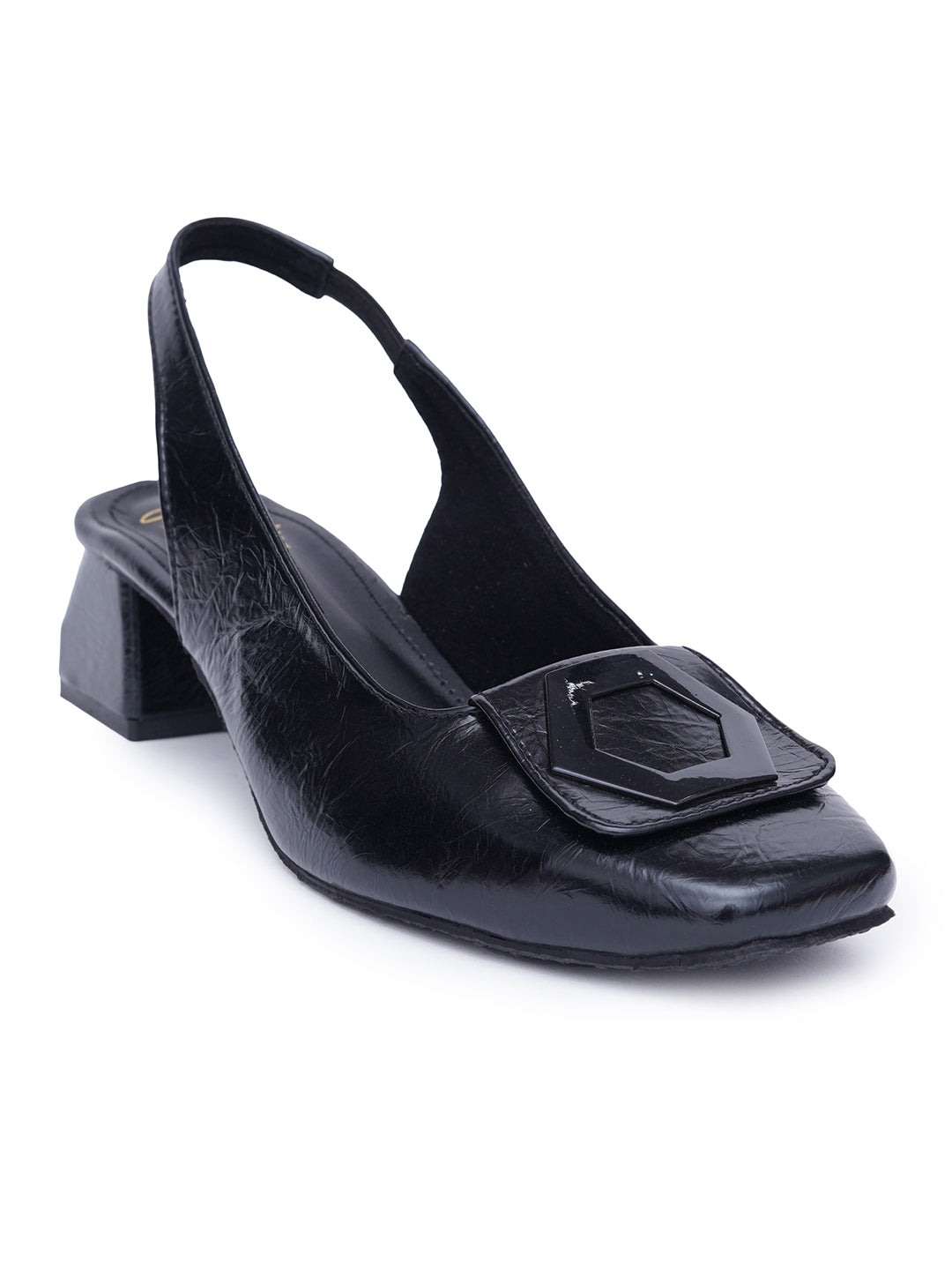 JM LOOKS Square Toe Slingback Block Heel Sandals with Geometric Buckle