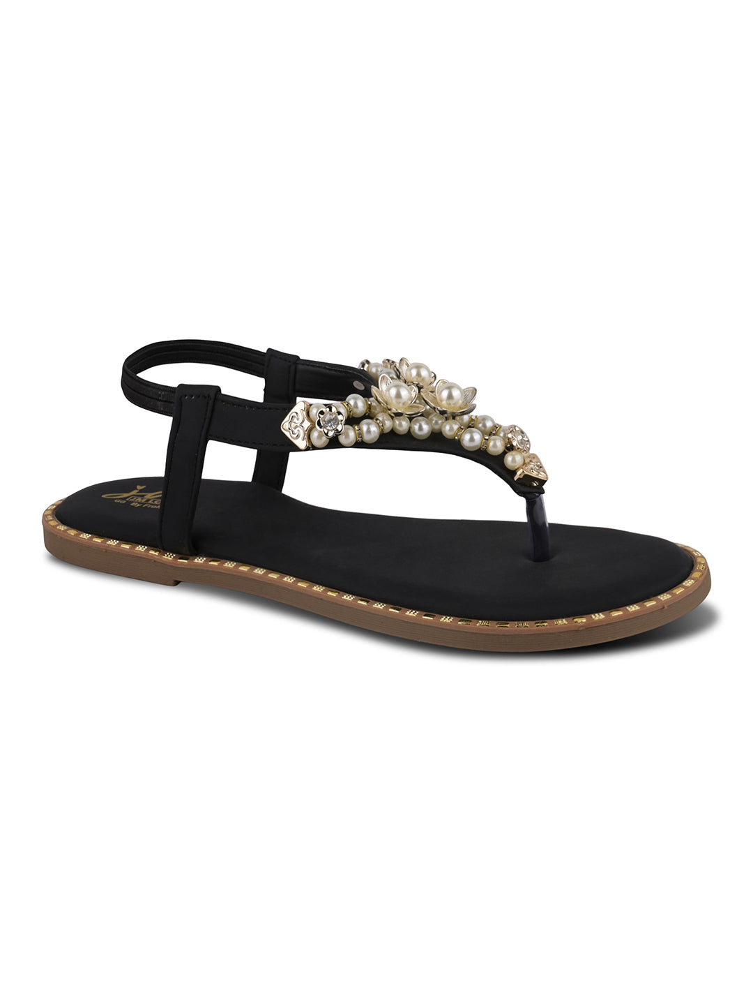 JM LOOKS Pearl Floral Studded T-Strap Flat Sandals with Back Strap