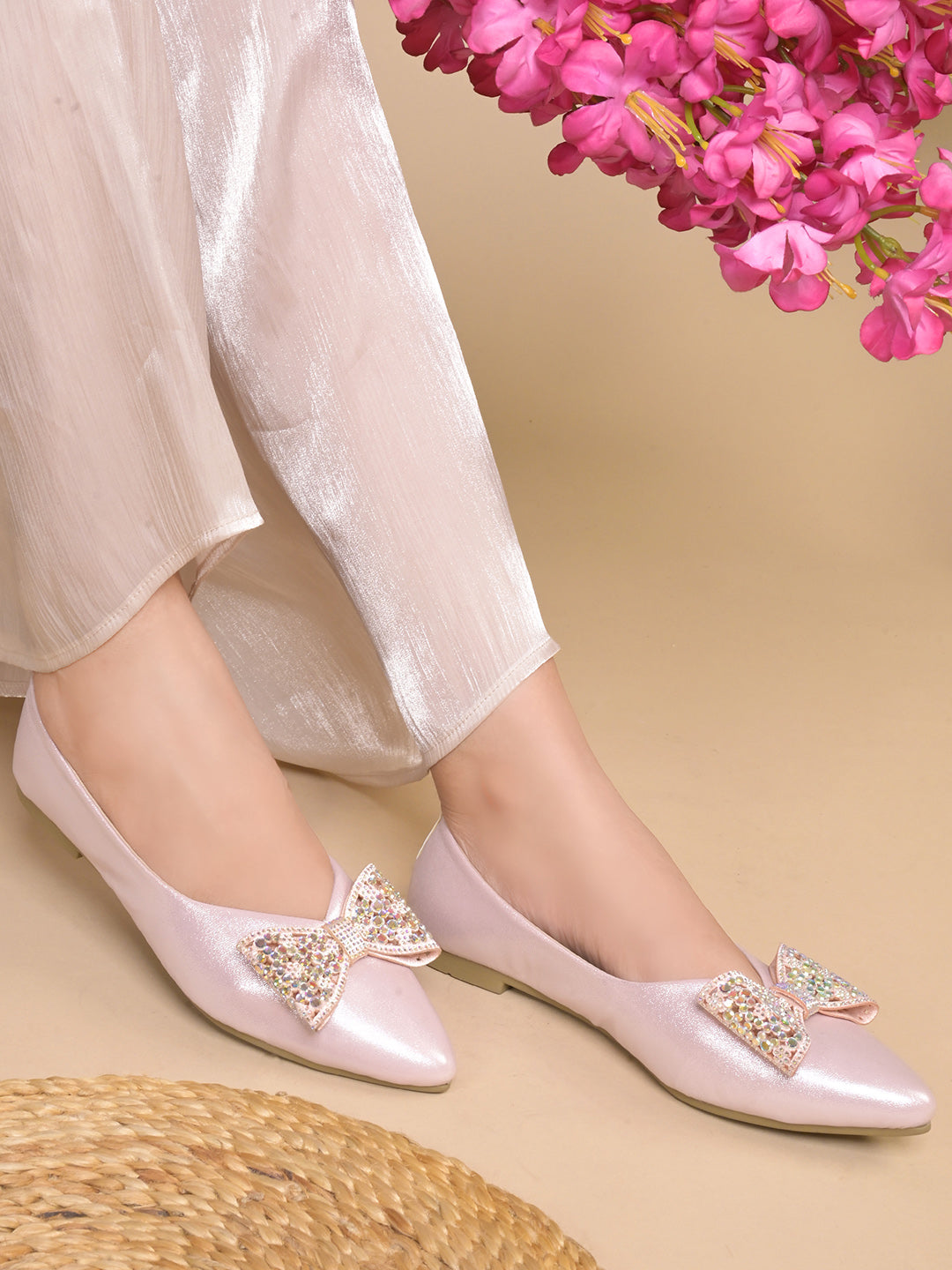 JM LOOKS Pointed Toe Bow Flat Sandals with Crystal Embellishments