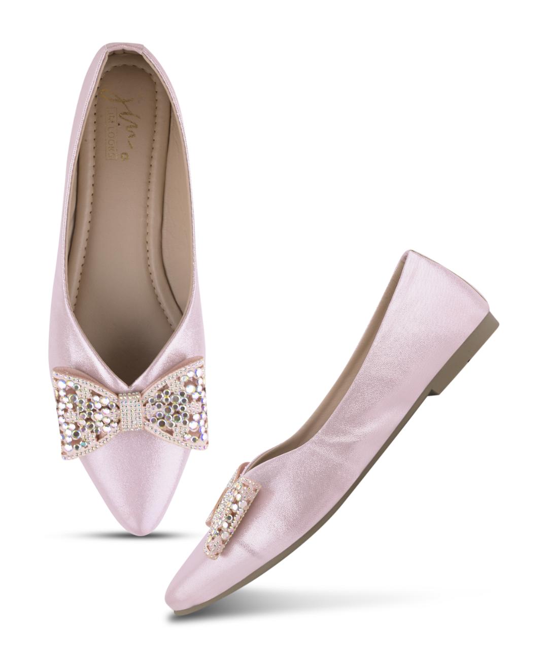 JM LOOKS Pointed Toe Bow Flat Sandals with Crystal Embellishments