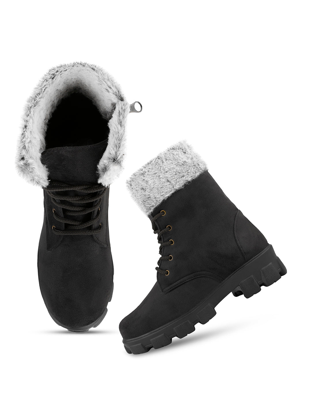 Women Furry Collar Lace-Up Winter Boots