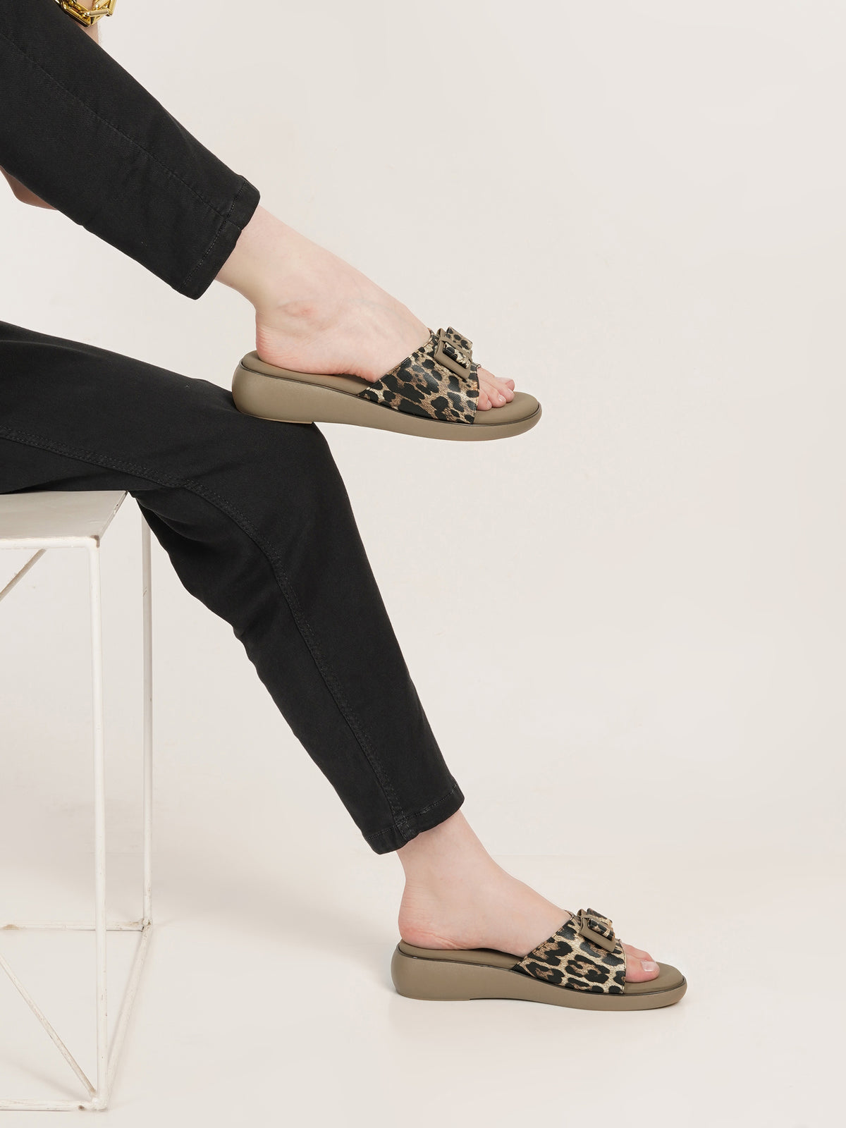 JM LOOKS Leopard Print Slide Sandals with Buckle Accent