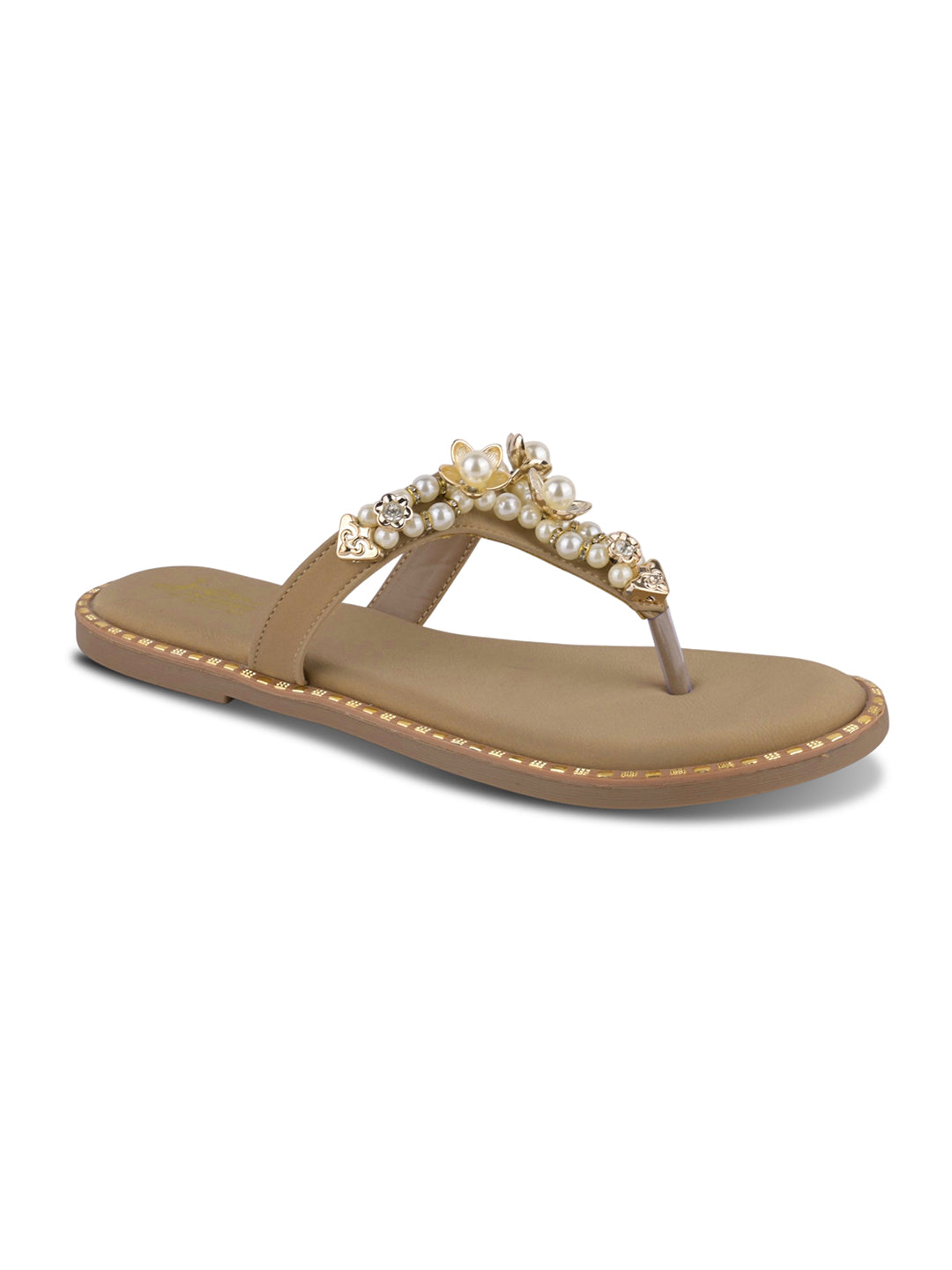 JM LOOKS Pearl Floral Studded Thong Flat Sandals Slip On Slides