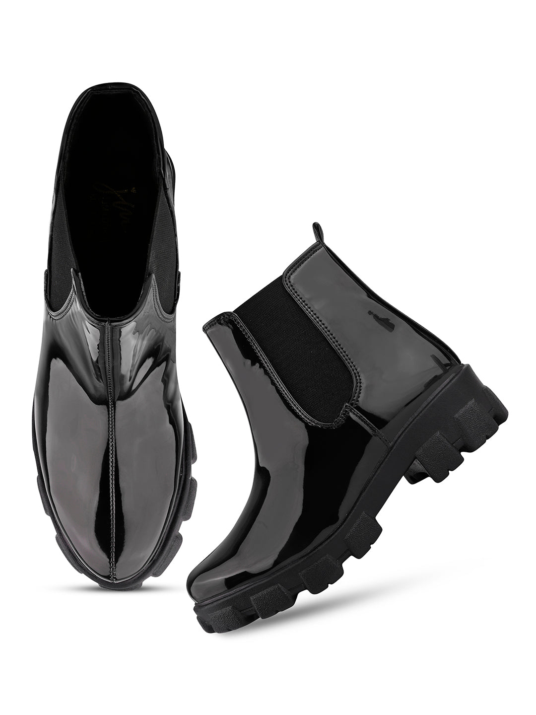 Glossy Finish Lug Sole Chelsea Boots for Women