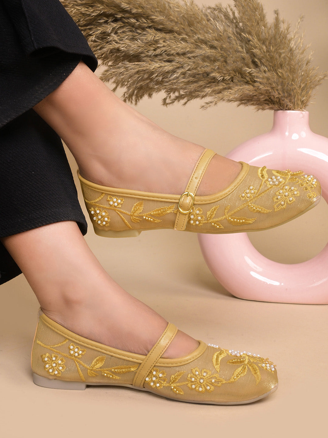 Embroidered Floral Mesh Flat Jutti Shoes for Women