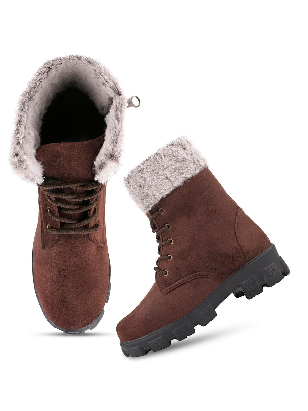 Women Furry Collar Lace-Up Winter Boots