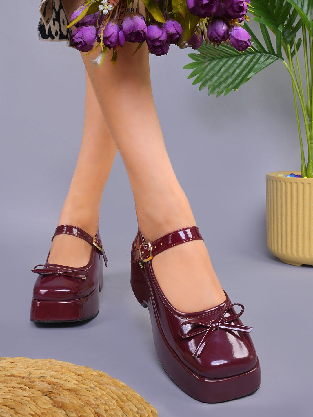 JM LOOKS Glossy Cherry Chunky Platform Mary Jane Shoes with Bow