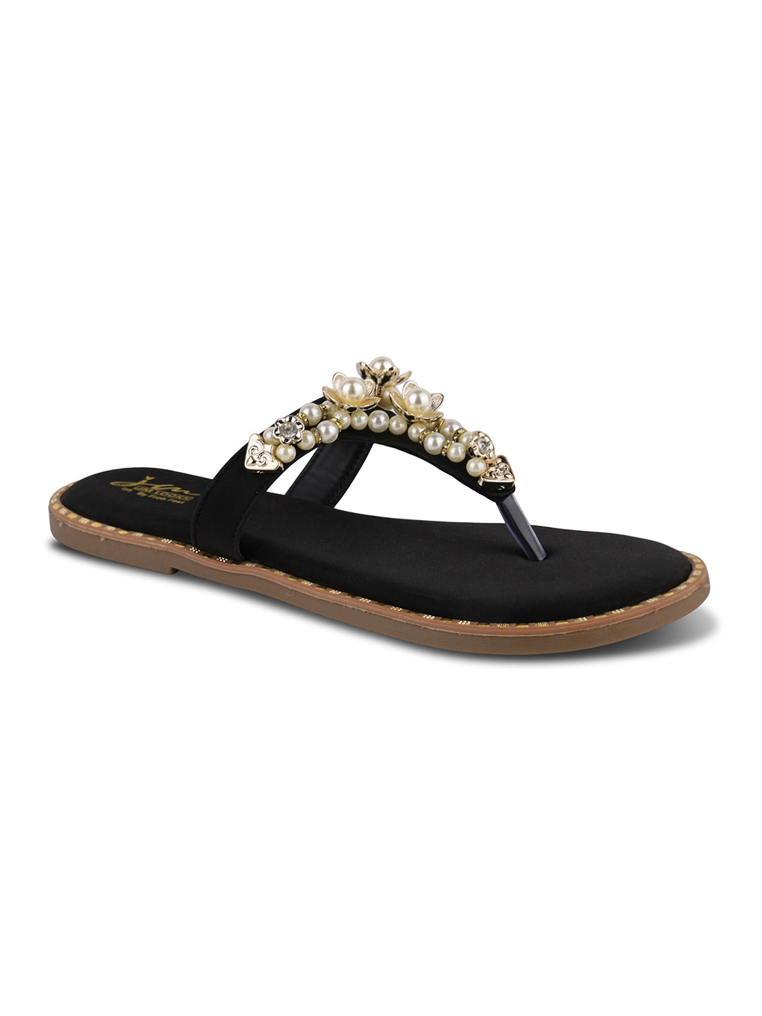 JM LOOKS Pearl Floral Studded Thong Flat Sandals Slip On Slides