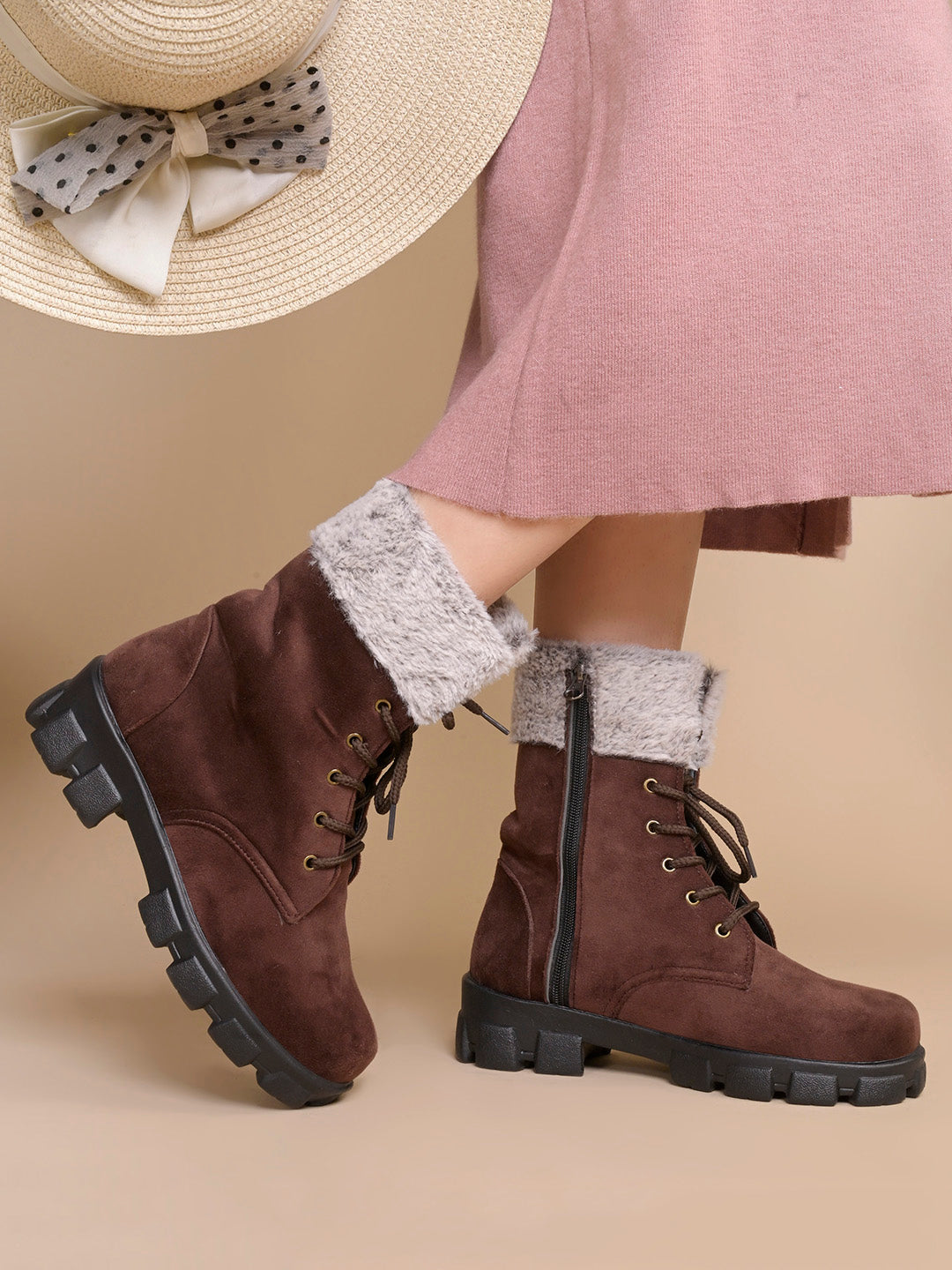Women Furry Collar Lace-Up Winter Boots