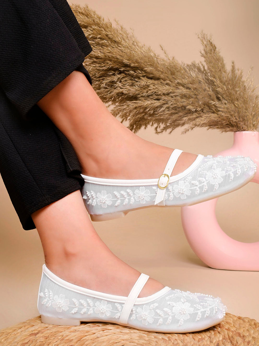 Floral Embroidered Sheer Mesh Mary Jane Flat Juttis