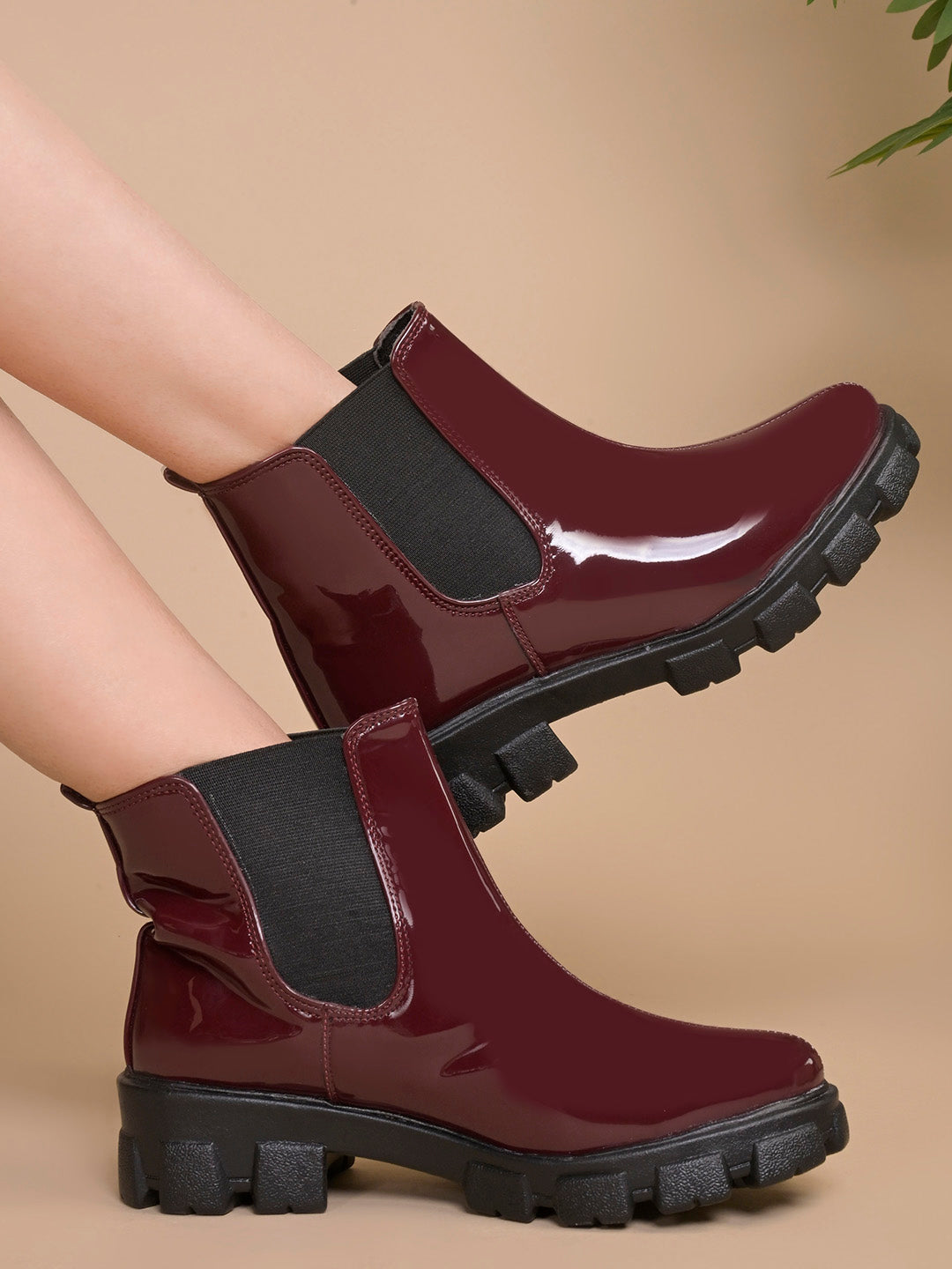 Glossy Finish Lug Sole Chelsea Boots for Women