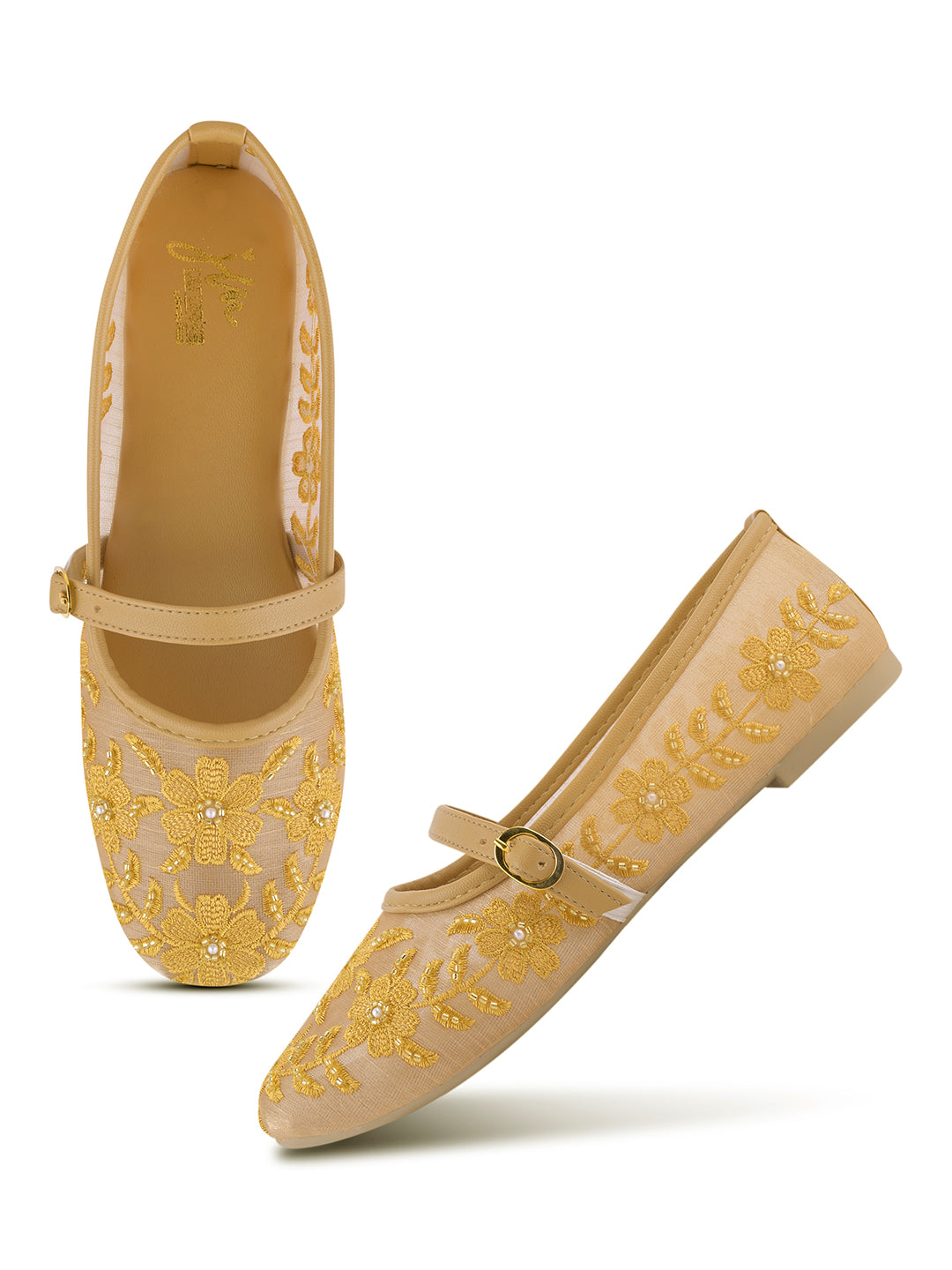 Floral Embroidered Sheer Mesh Mary Jane Flat Juttis
