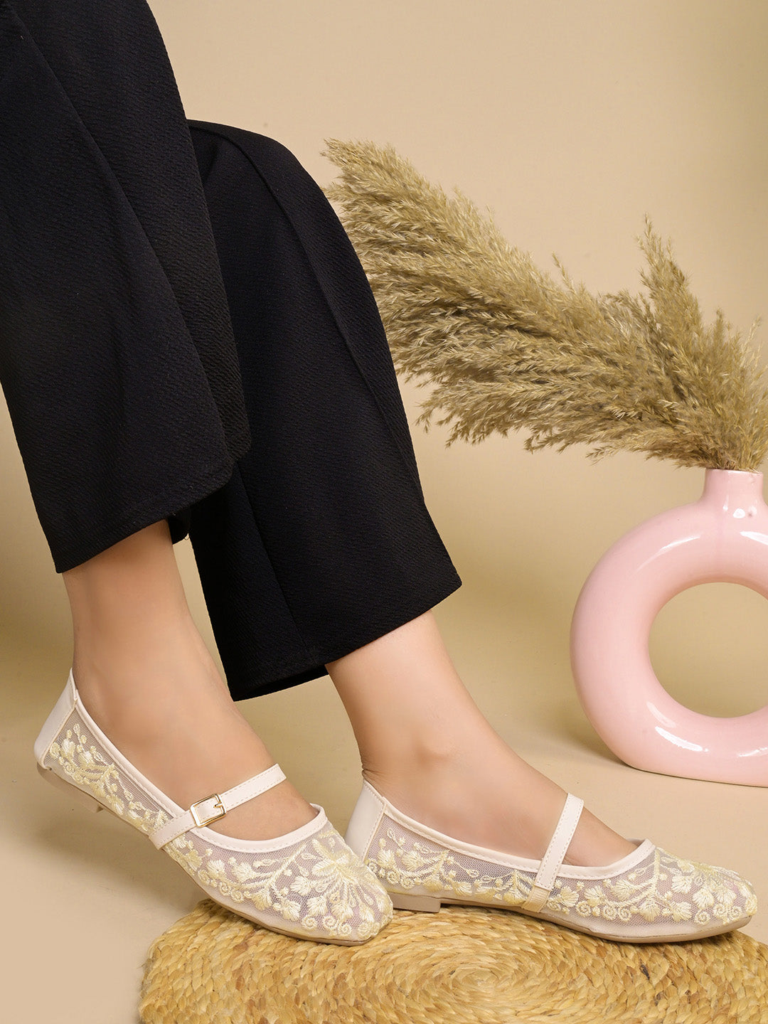 JM LOOKS Floral Embroidered Sheer Flat Sandals with Buckle Strap