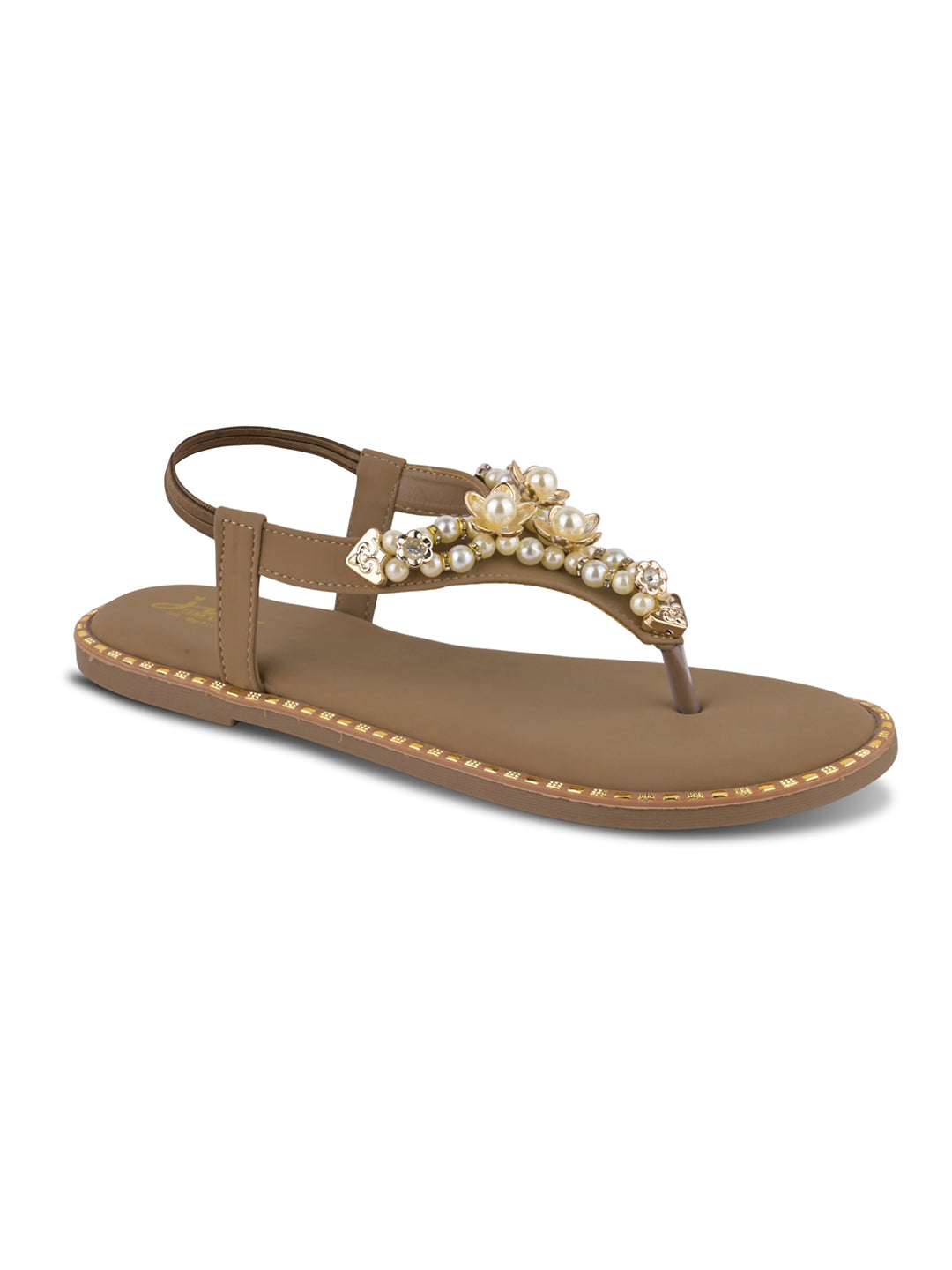 JM LOOKS Pearl Floral Studded T-Strap Flat Sandals with Back Strap
