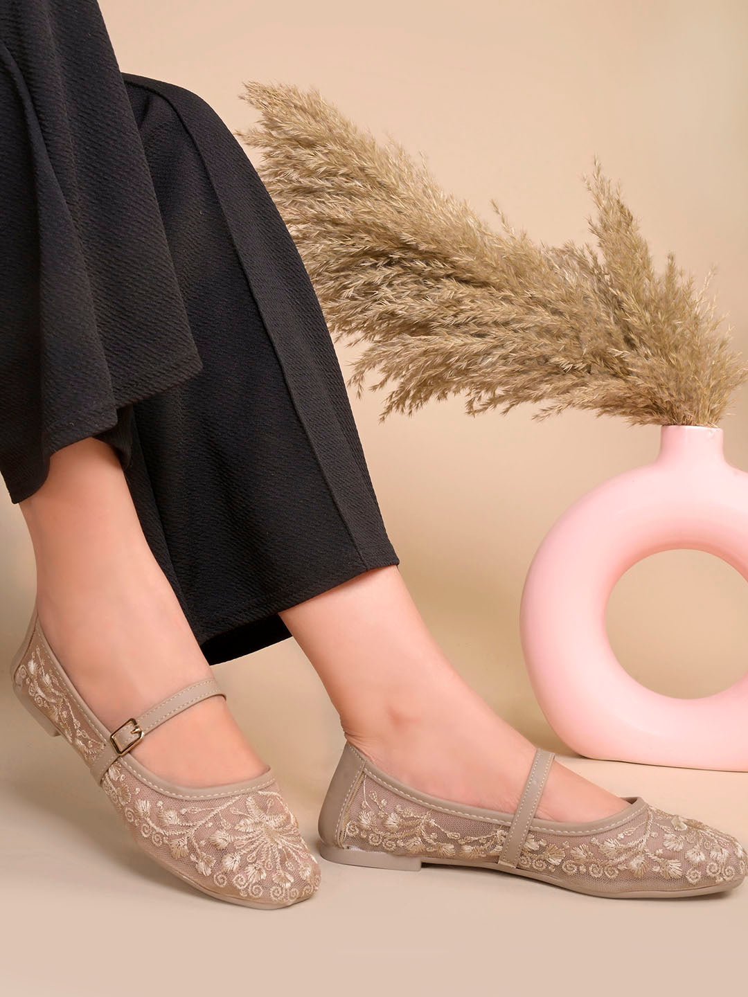 JM LOOKS Floral Embroidered Sheer Flat Sandals with Buckle Strap