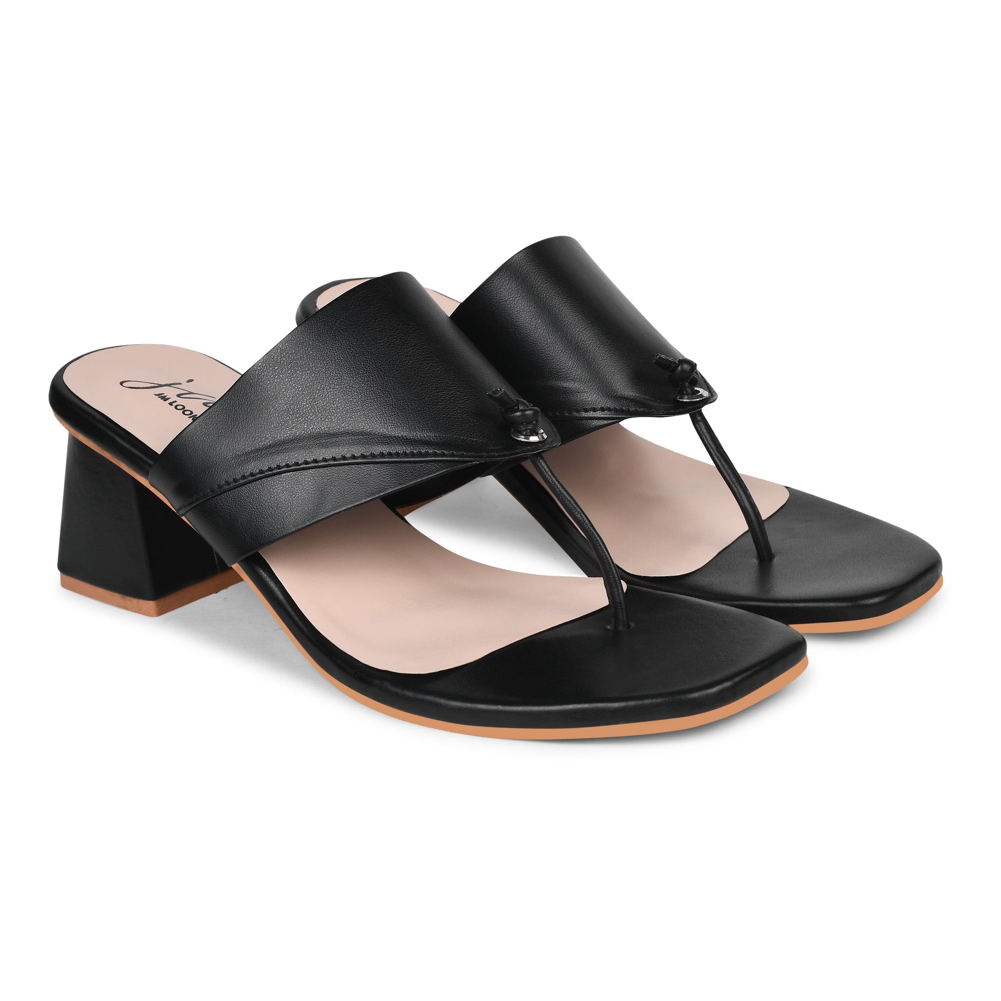 Women’s block heel sandals with wide strap and toe-loop detail Black