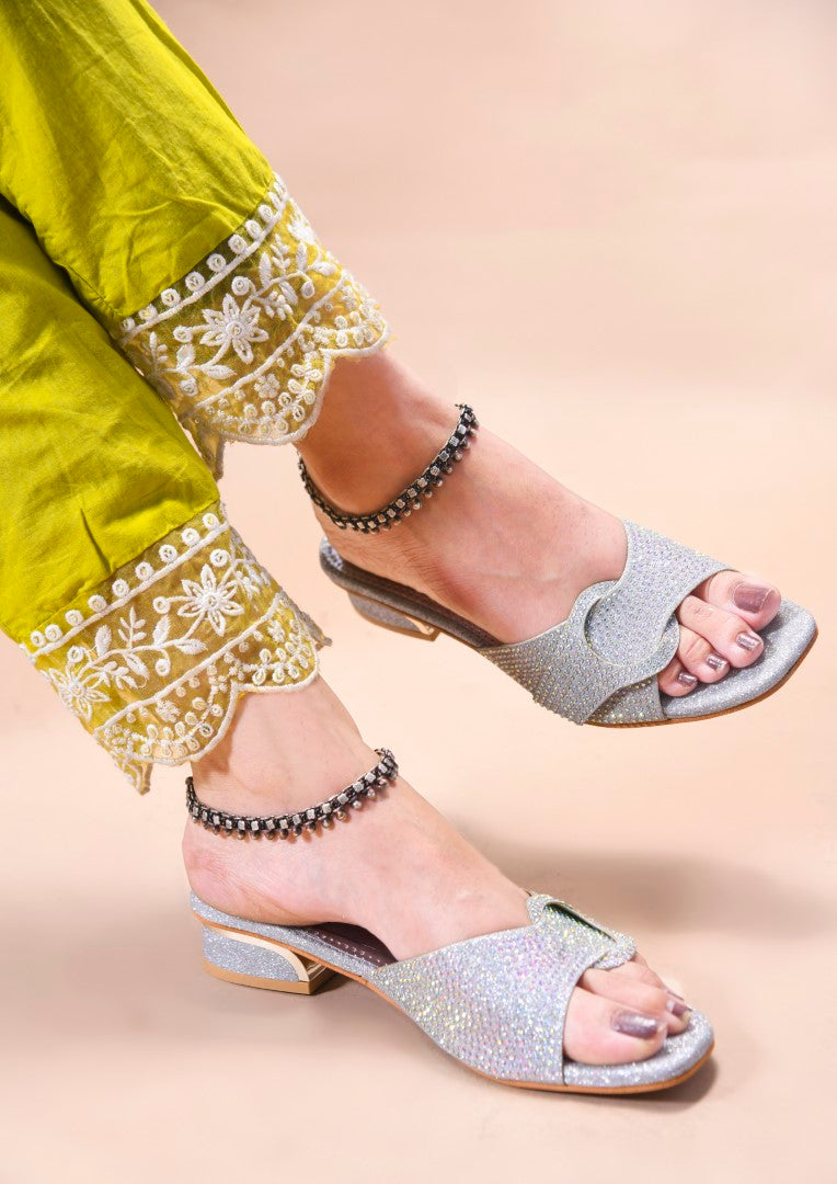 JM Looks women's mules with an embellished strap and a buckle-like detail
 Silver
