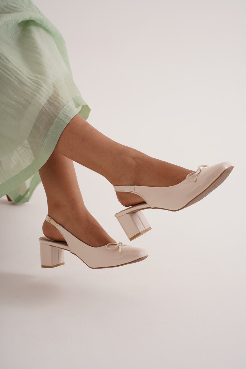 Slingback Glossy Block Heels With Bow - 2