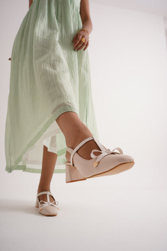 Bow Detail Slingback Heels | Block Heel Pumps | JM Looks Cream
