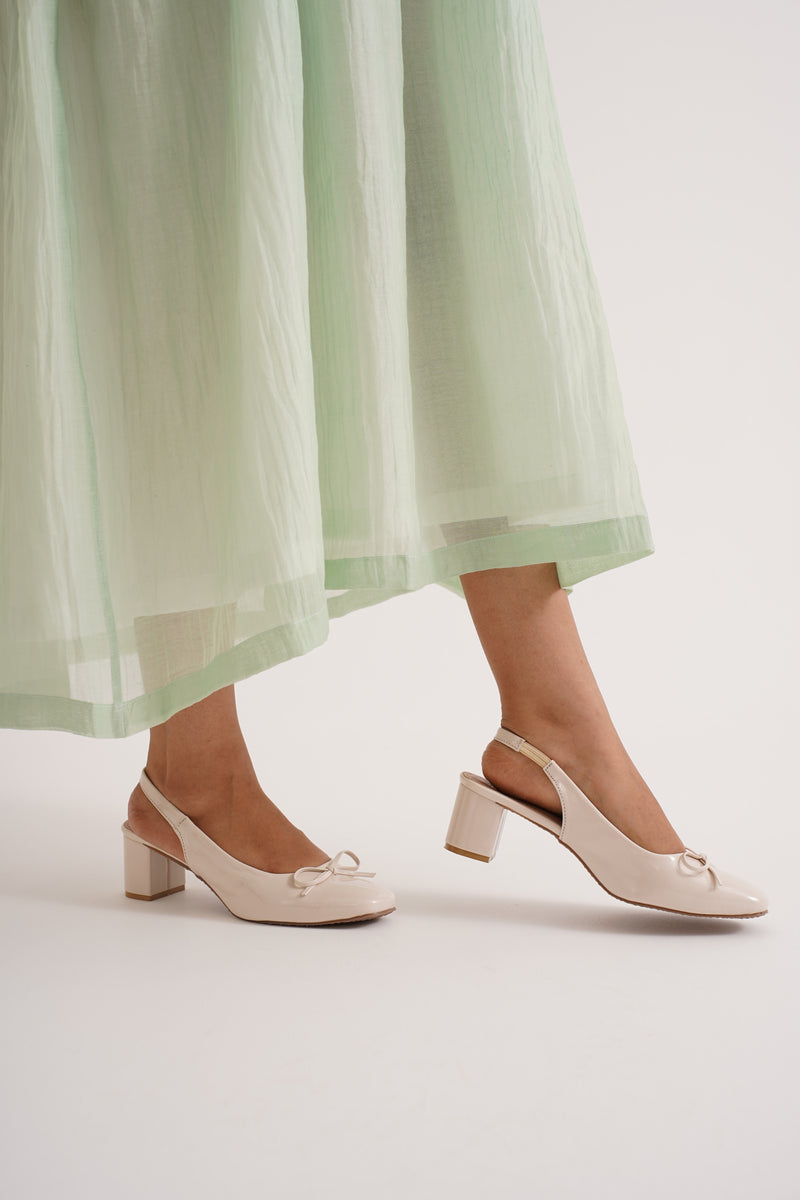 Slingback Glossy Block Heels With Bow - 5