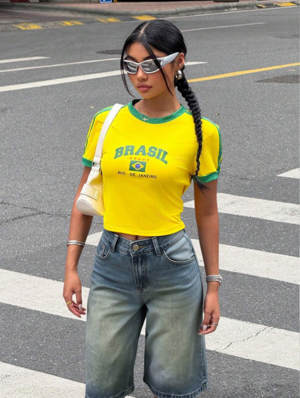 Yellow-Green cropped ringer t-shirt featuring Brazil-inspired graphic print, contrast trim, short sleeves, fitted casual women's top.