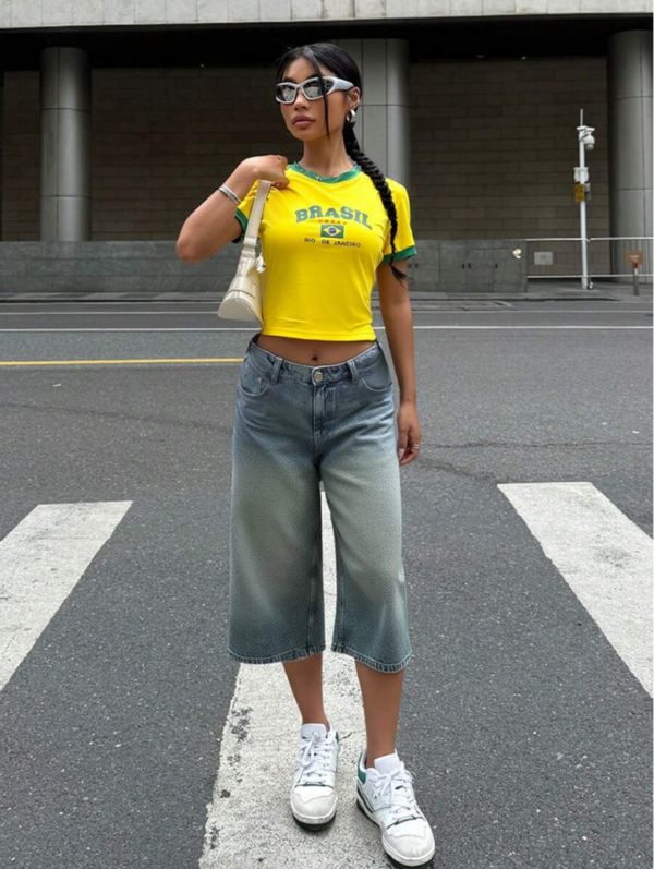 Yellow-Green cropped ringer t-shirt featuring Brazil-inspired graphic print, contrast trim, short sleeves, fitted casual women's top.