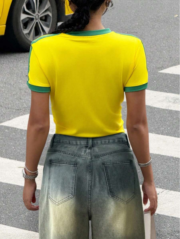Yellow-Green cropped ringer t-shirt featuring Brazil-inspired graphic print, contrast trim, short sleeves, fitted casual women's top.
