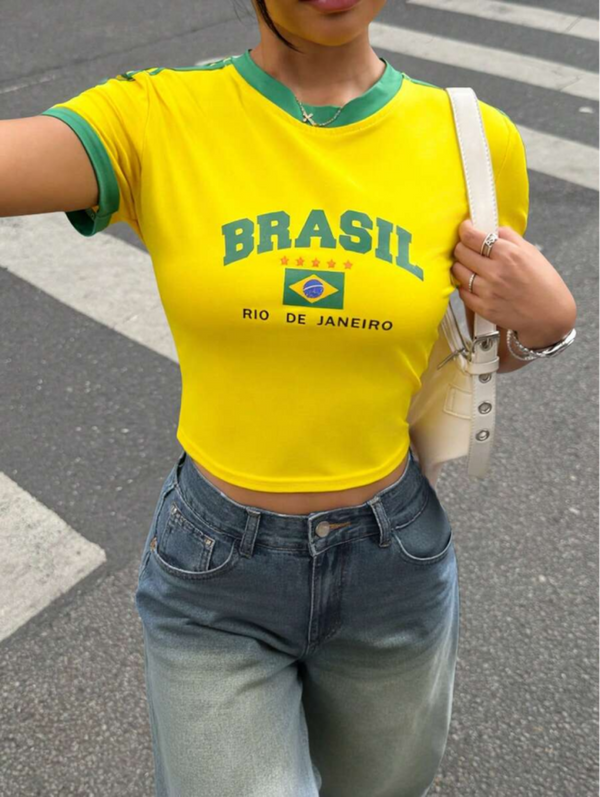 Yellow-Green cropped ringer t-shirt featuring Brazil-inspired graphic print, contrast trim, short sleeves, fitted casual women's top.