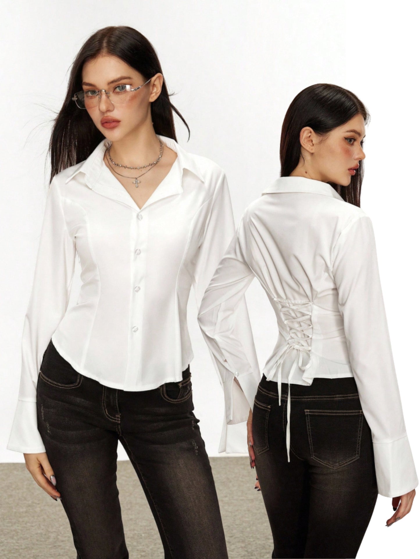 White corset lace-up back shirt with flared cuffs, pointed collar, button front, structured fitted waist seams
