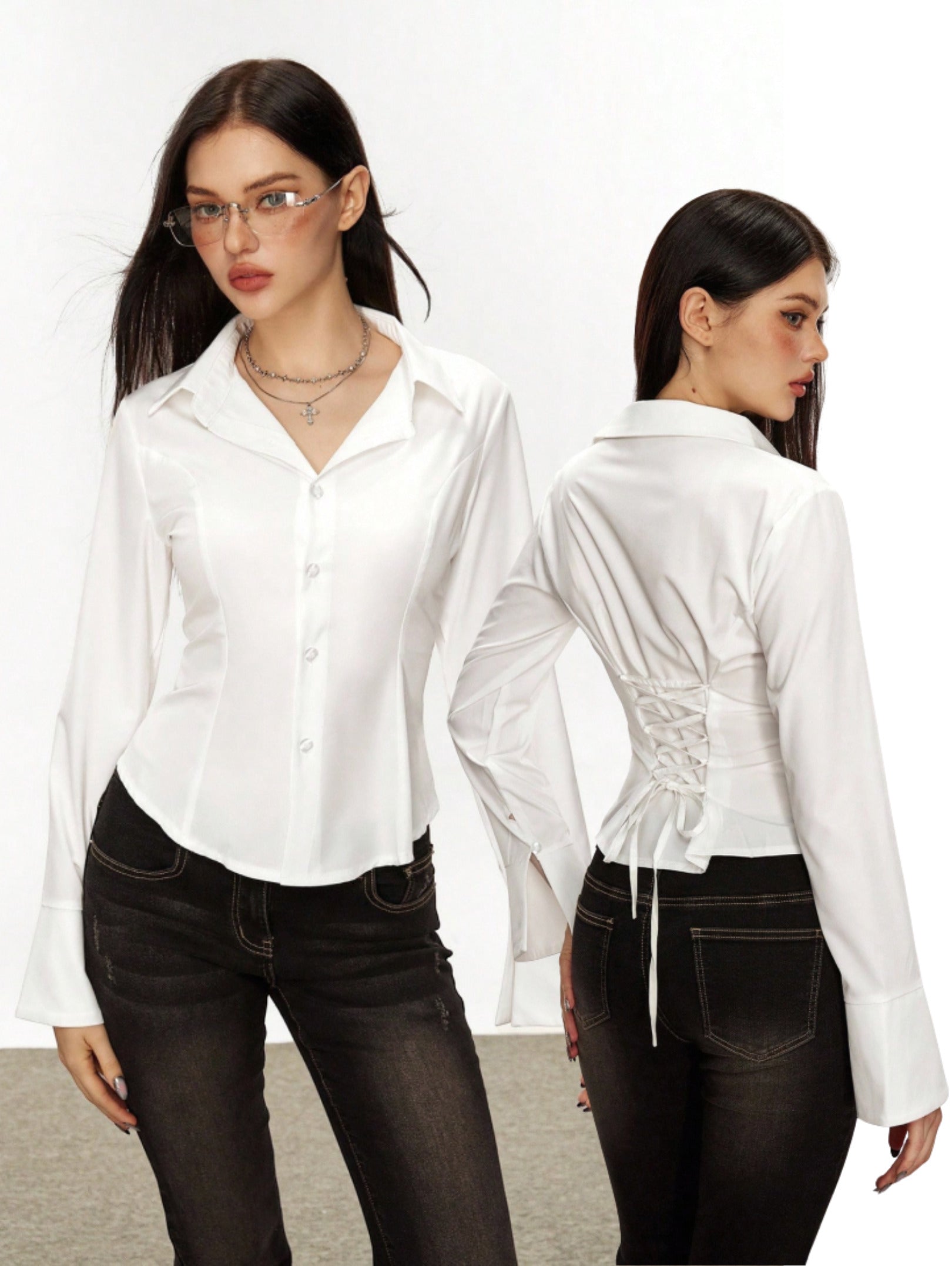 White corset lace-up back shirt with flared cuffs, pointed collar, button front, structured fitted waist seams