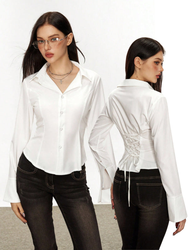 Fitted Corset Lace Up Back Shirt for Women with Flared Sleeves | JM Looks