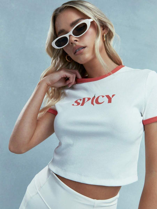 Fitted crop top for women in white ribbed cotton with red trim, chilli print, short sleeves